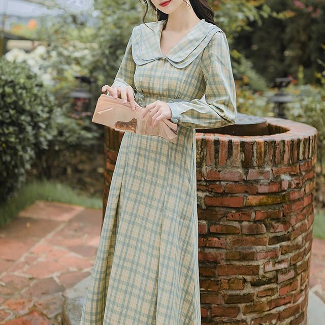 French Village Long-Sleeve Layered Collar Plaid Double Breasted