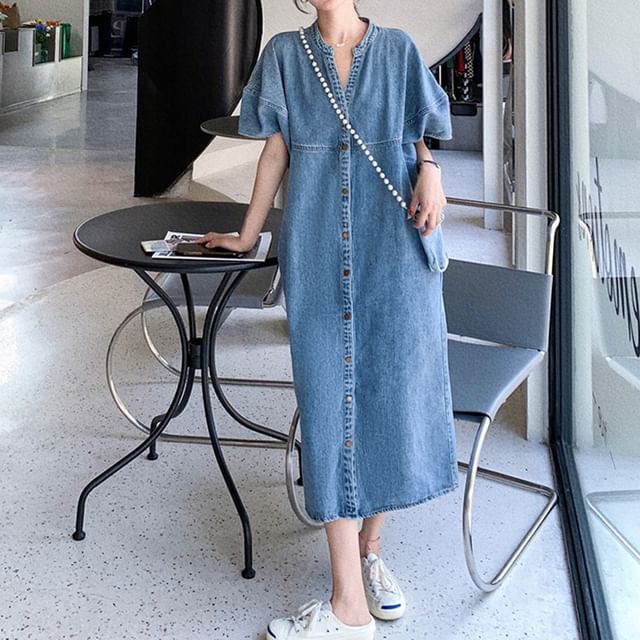 denim smock dress Blue Denim Tiered Smock Dress main image 0