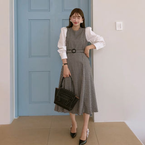 YANSAE - Belted Contrast-Sleeve Long Checked Dress