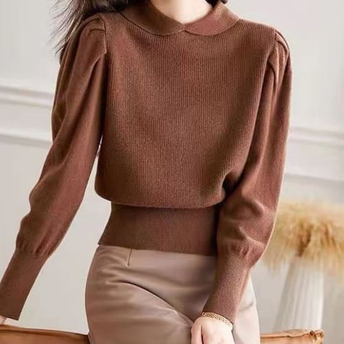 Roren - Puff-Sleeve Collared Plain Sweater | YesStyle