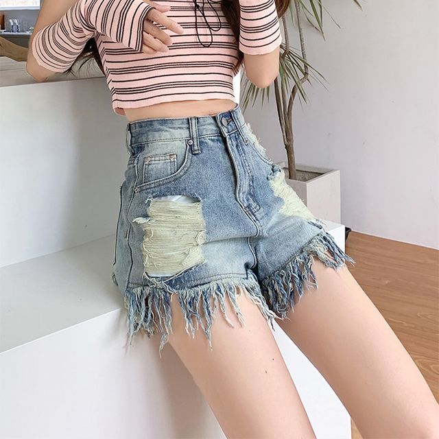 Everose-Mid Waist Distressed Denim Shorts