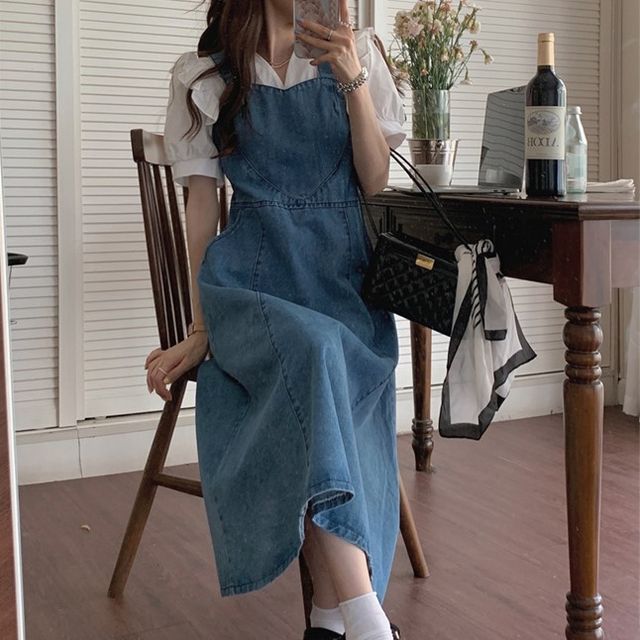 Jabullani Midi Denim Overall Dress YesStyle