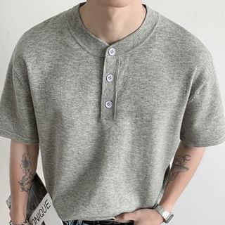 Mimiyox-Short Sleeve Henley Plain Knit Top