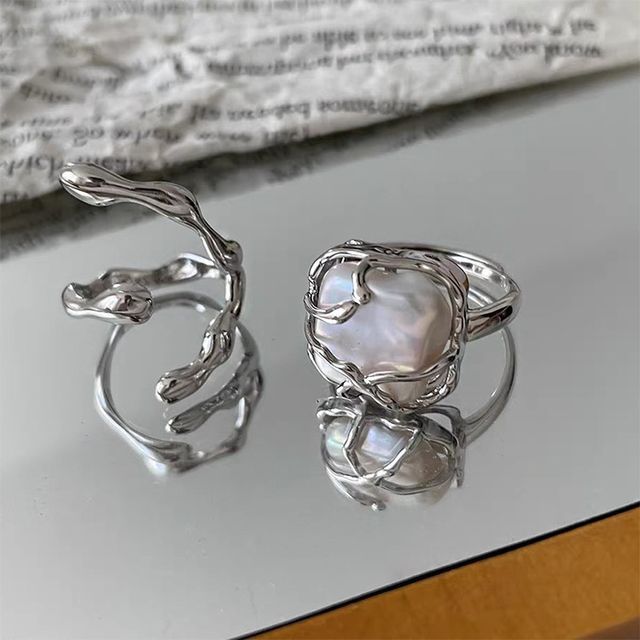 Panda Dama-Irregular Alloy Open Ring Square Faux Pearl Alloy Ring