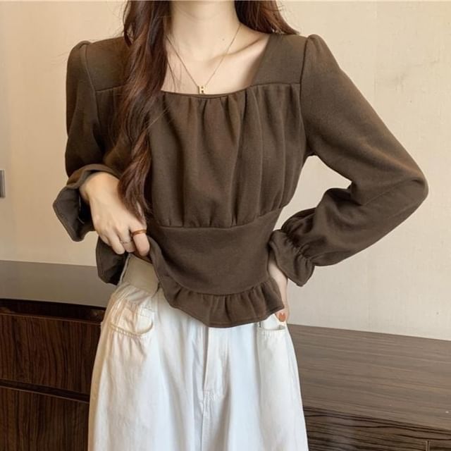Sisyphi-Long-Sleeve Square Neck Plain Ruched Blouse