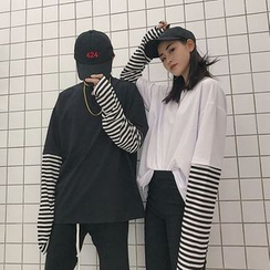 MELLO - Striped Long-Sleeve Mock Two-Piece T-Shirt MELLO - Striped Long-Sleeve Mock Two-Piece T-Shirt