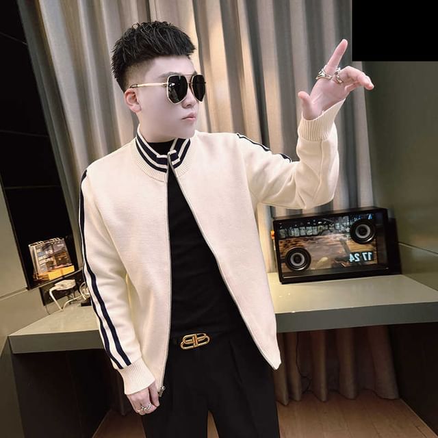 Zentrus-Stand Collar Striped Zip Cardigan