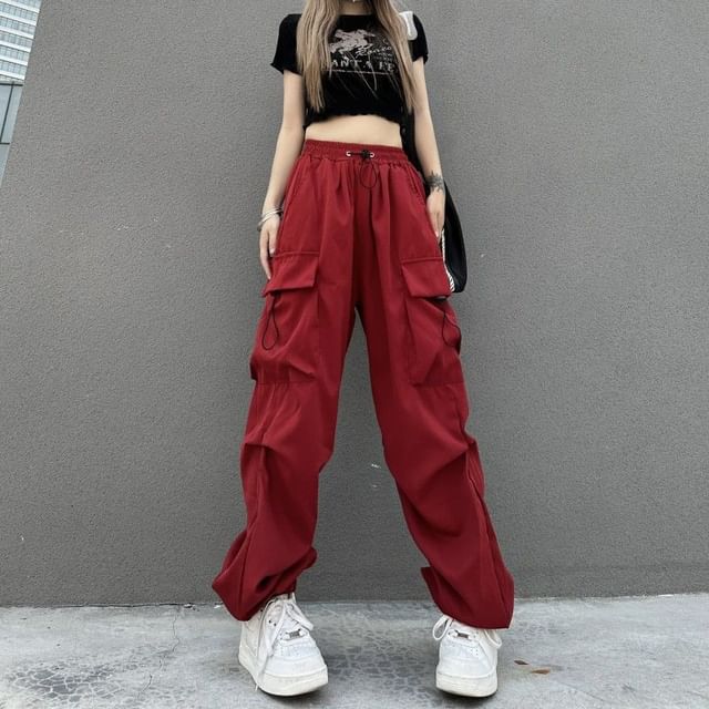 Bay Go Mall-Drawstring Waist Plain Baggy Cargo Pants