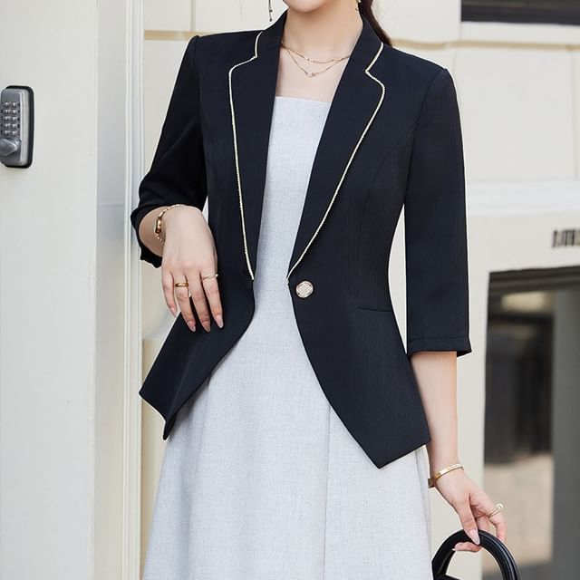 Skyheart-Elbow-Sleeve Plain Single-Button Blazer Sleeveless Square Neck Midi A-Line Dress