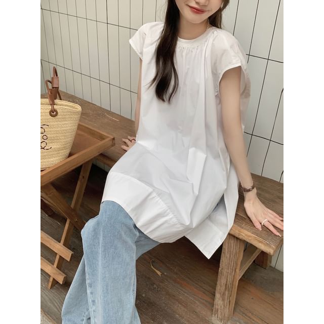 ANORA-Cap-Sleeve Plain Slit Blouse
