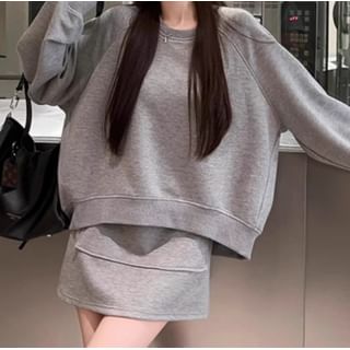 Trendycas-Round Neck Plain Oversized Pullover High Waist Mini A-Line Skirt