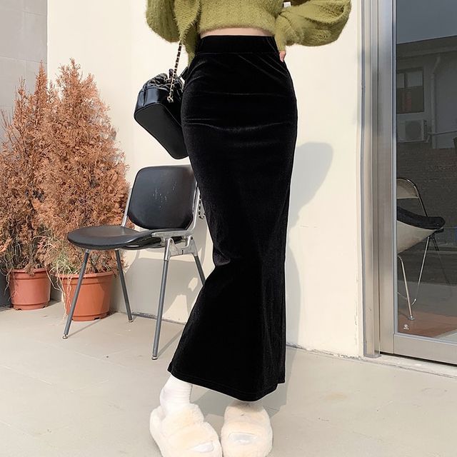 Secolo - High Waist Velvet Pencil Skirt | YesStyle