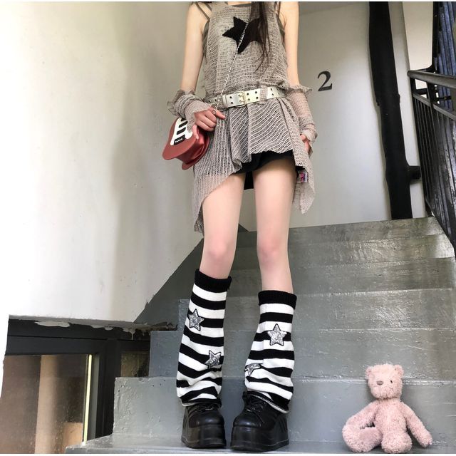 Glitter Striped Leg Warmers Black Silver Knee Socks Dance Costume Anime  Grunge