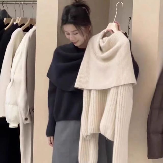 HYAKU-Cowl Neck Plain Mock Two Piece Sweater