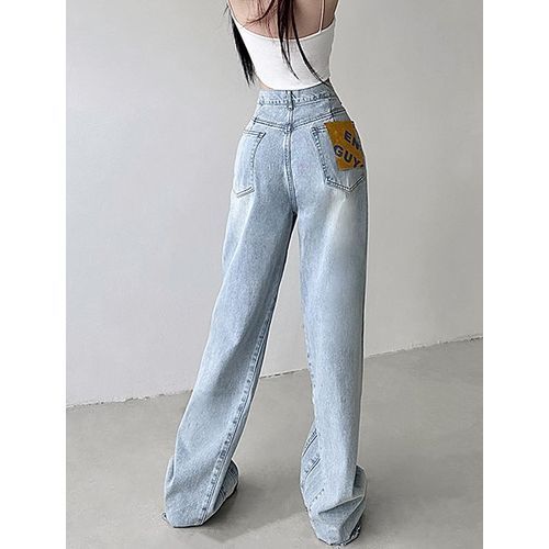 Washed High-Waist Straight-Cut Loose Jeans