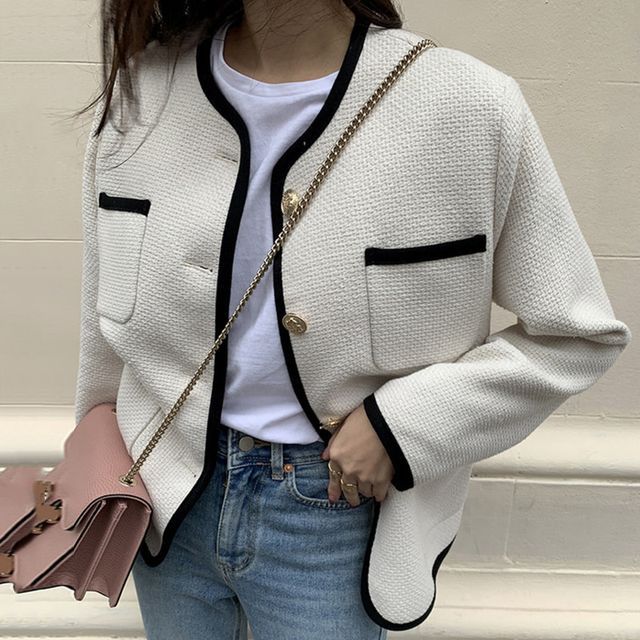Acoustic Rain-V-Neck Contrast Trim Button-Up Tweed Jacket