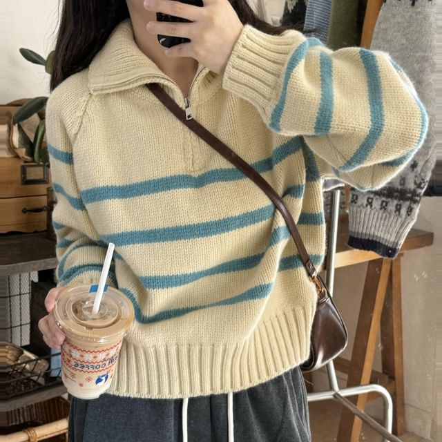 Beem-Turtleneck Striped Half-Zip Sweater