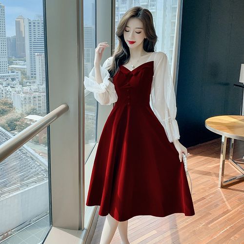Tanzil - Mesh-Sleeve A-Line Velvet Dress | YesStyle