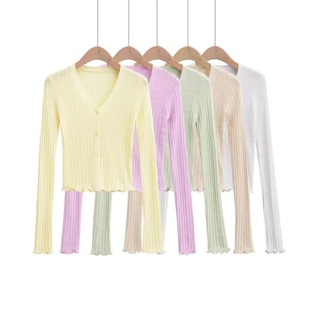 Asiris-Long Sleeve V-Neck Plain Ribbed-Knit Light Cardigan