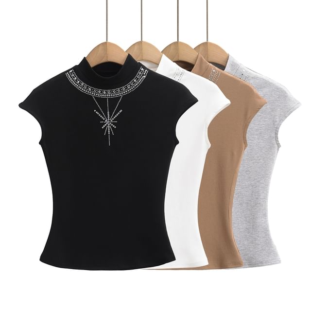Ulark-Cap-Sleeve Mock Neck Rhinestone Plain Crop Top
