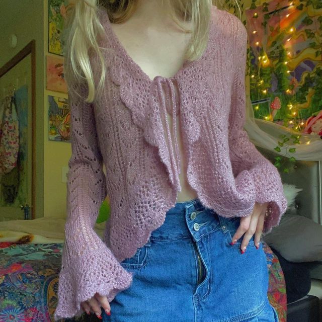 Rosesand - Bell Sleeve Crochet Knit Ruffled-Trim Cardigan | YesStyle