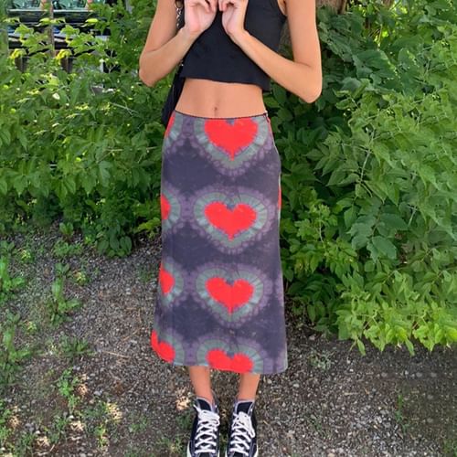 Heart Print Midi A-Line Skirt