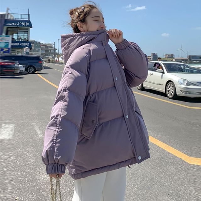 Magimomo-Plain Hooded Zip Puffer Coat