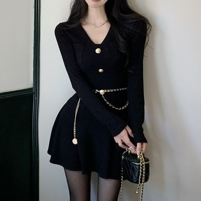 chinese dress ladies Harajuku Korean Fashion V Neck Long Sleeve Cable Knit Mini Dress (Blac   The Kawaii Factory