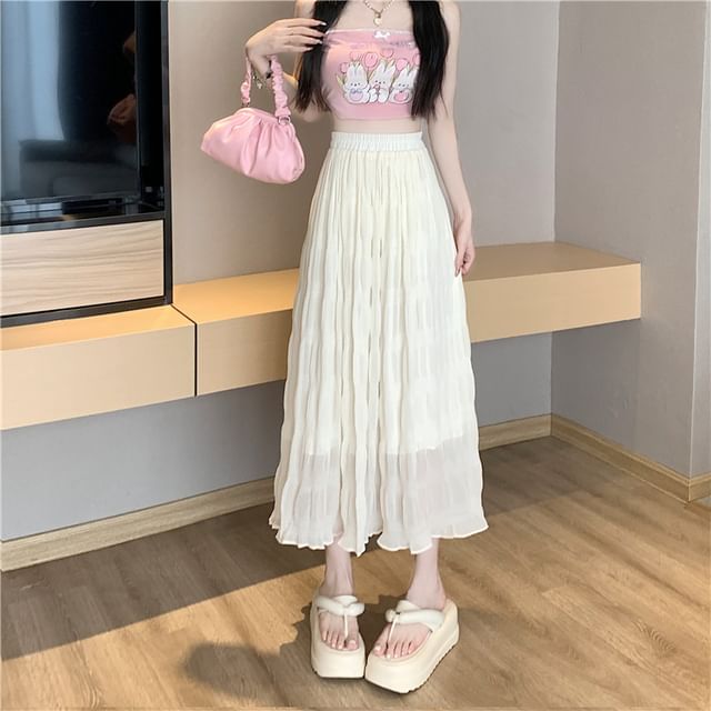 monroll-High Rise Plain Midi A-Line Skirt