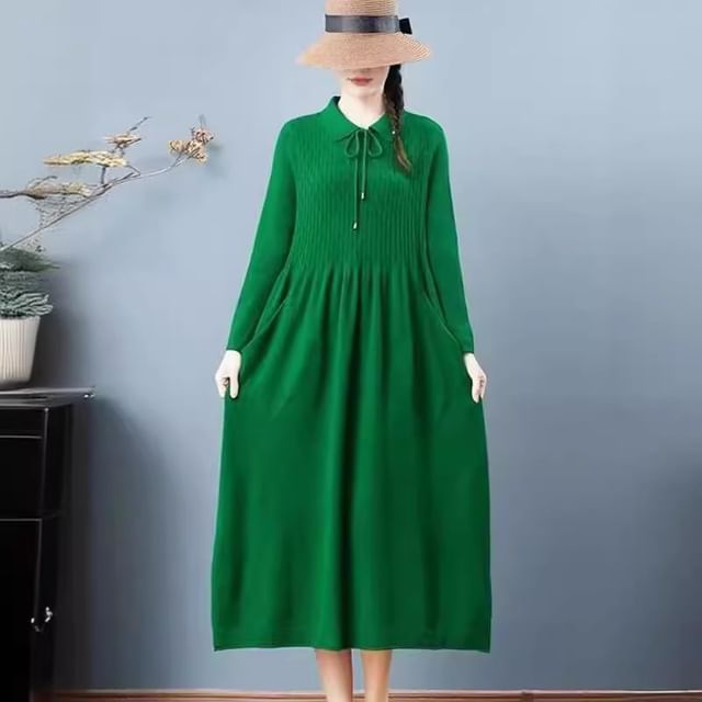 MIKIGA-Long-Sleeve Collared Knit Midi A-Line Dress