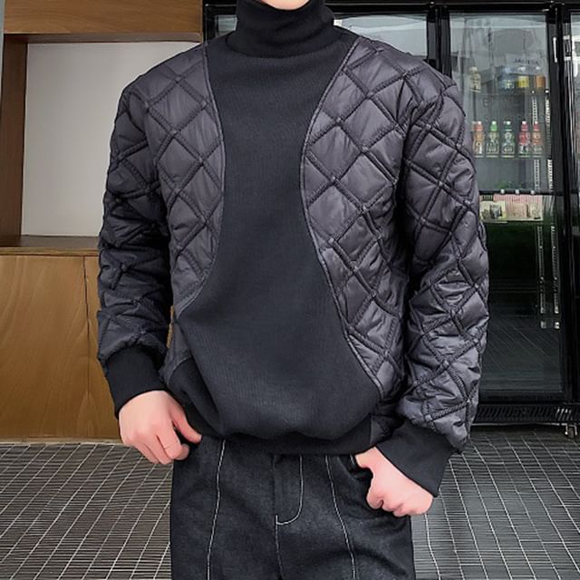 Omozando-Turtleneck Plain Quilted Panel Sweatshirt