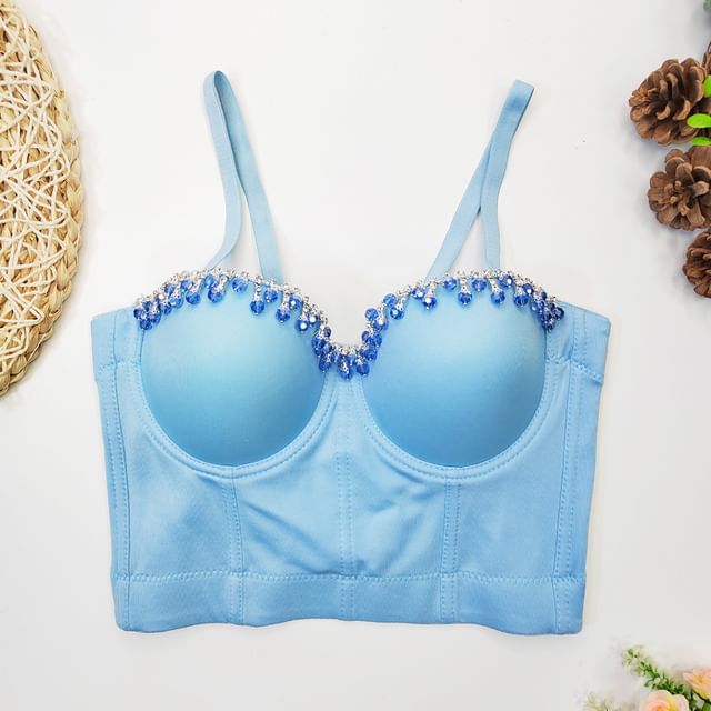 Doowex-Plain Rhinestone Beaded Bustier Top