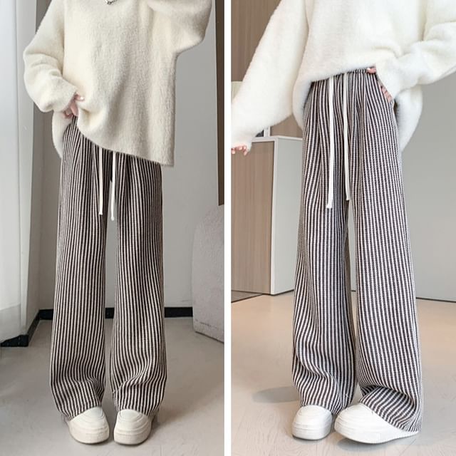 Magimomo-Drawstring Waist Herringbone Wide Leg Pants