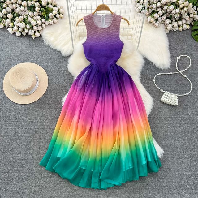 Iasia-Round Neck Gradient Rainbow Maxi Tank Dress