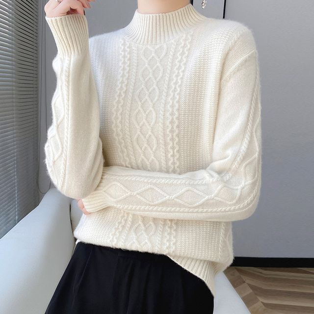 Gistinty Mock Neck Plain Cable Knit Sweater YesStyle