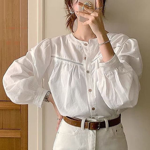 innomori-Long Sleeve Crew Neck Plain Button Up Blouse