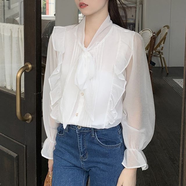 Yako Long-Sleeve Bow Accent Ruffle Shirt YesStyle