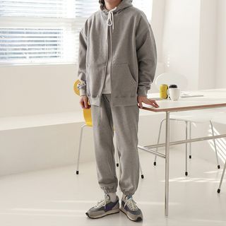 Okwano - Plain Zip Hoodie / Drawstring Waist Harem Sweatpants