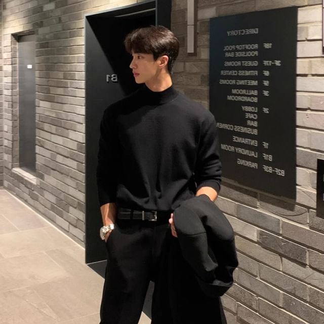 Posive-Long-Sleeve Mock Neck Plain T-Shirt