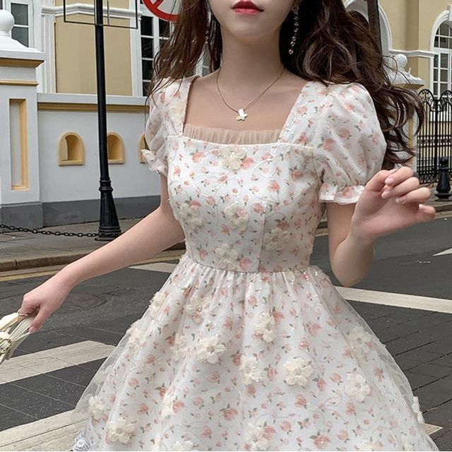 Rerise Puff-Sleeve Square-Neck Floral Print A-Line Dress YesStyle