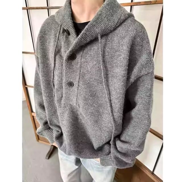 Lingaris-Half Buttoned Knit Hoodie