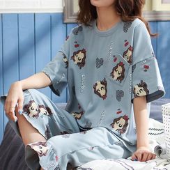 Jeony - Printed Short Sleeve Pajama Set Jeony - Printed Short Sleeve Pajama Set