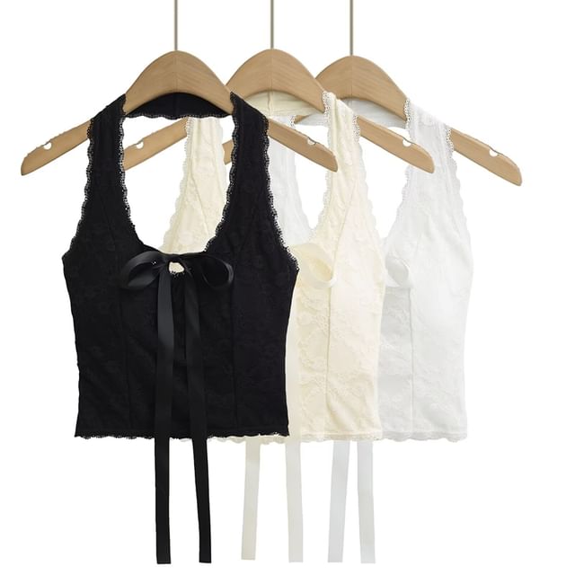 Ulark-Halter Neck Lace Crop Top
