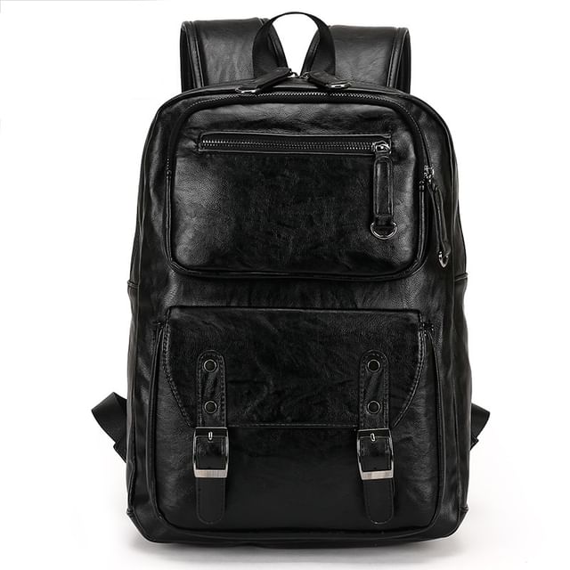 Mayanne-Genuine Leather Buckled Flap Laptop Backpack