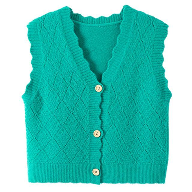 Pomander-Scallop Trim Button-Up Sweater Vest
