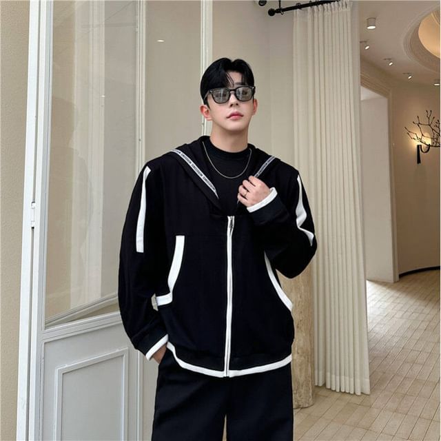 ravewider-Sailor Collar Contrast Trim Zip Jacket