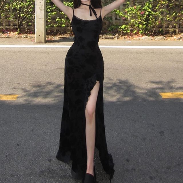 GANGER - Spaghetti Strap Lace Trim Slit Maxi Dress | YesStyle GANGER - Spaghetti Strap Lace Trim Slit Maxi Dress | YesStyle