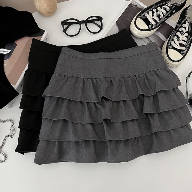 DIYI-High Waist Plain Mini A-Line Layered Skirt