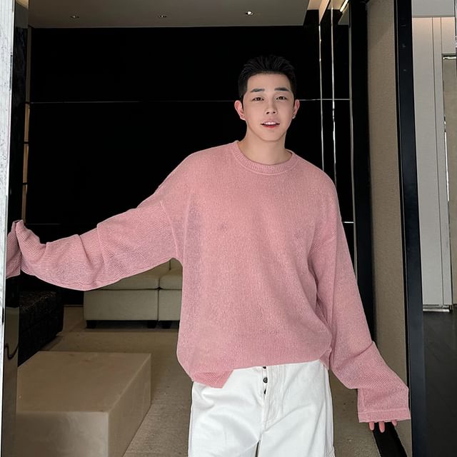 ravewider-Long Sleeve Crew Neck Plain Knit Top