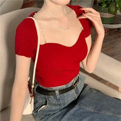 YUNBO - Short Sleeve Sweetheart Neckline Chain Accent Knit Top